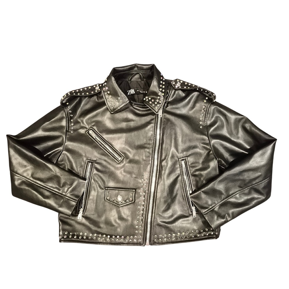Zara Black Faux Leather Studded Rhinestone Biker Jacket Oversized 3046/376 Small
